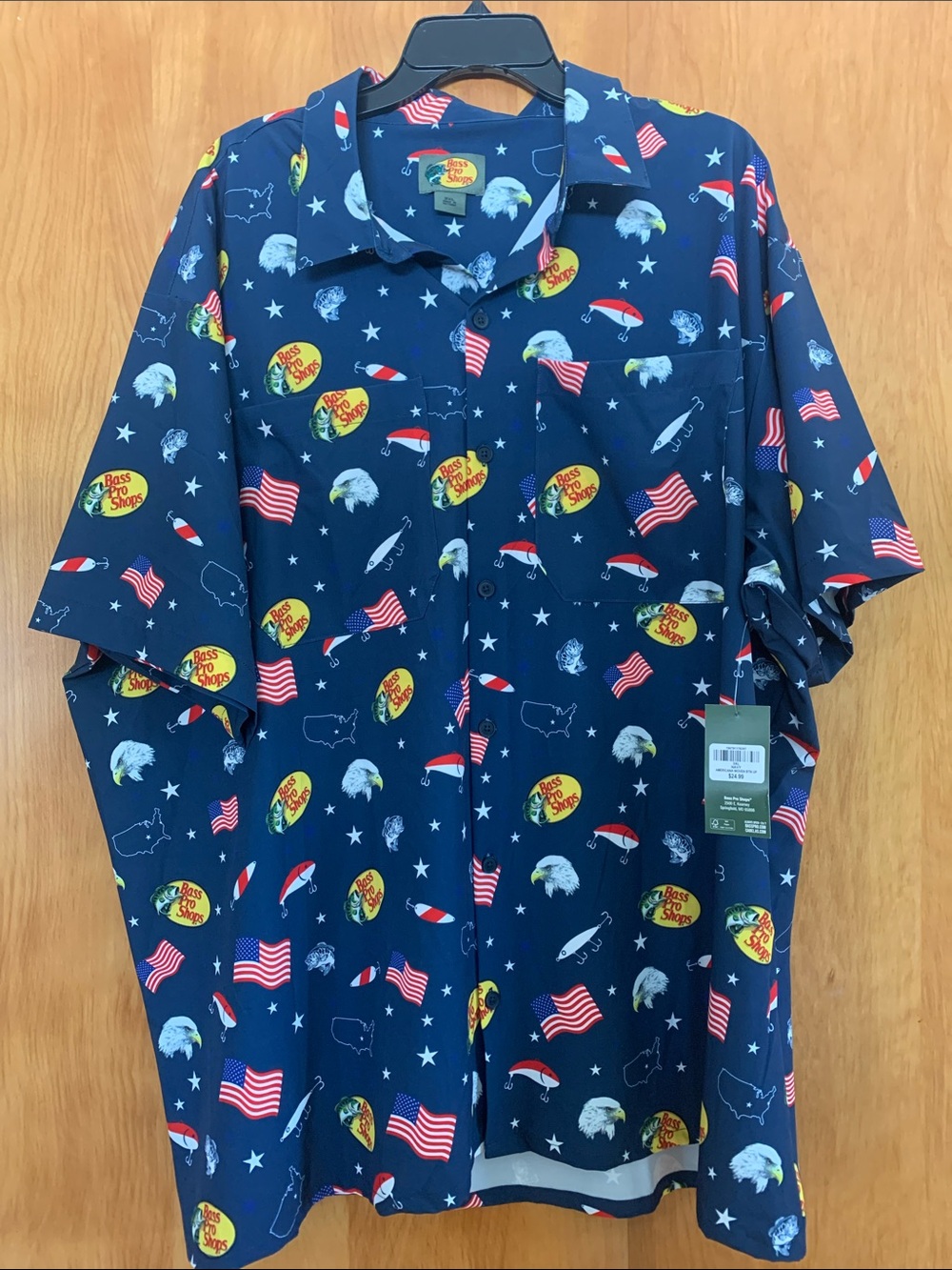 NWT Bass Pro Shops Americana Fishing Print Button-Down Shirt sz 3XL Patriotic